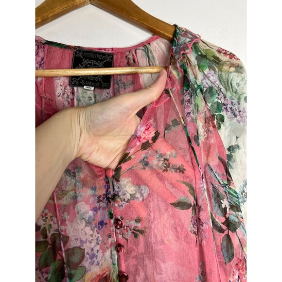 Johnny Was Adore Floral Sheer Boho Dress Button Detail & Tassel Tie Multicolor S - Picture 6 of 13